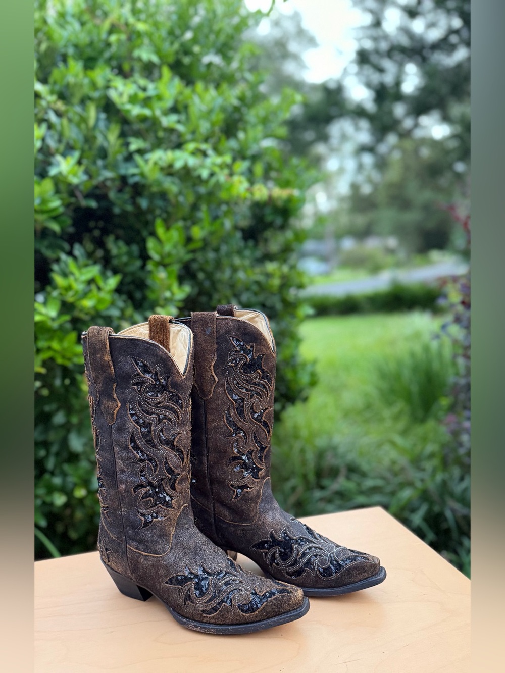 Corral Brown Genuine Suede Leather and Black Sequin Tall Cowboy Boots Snip Toe 8
